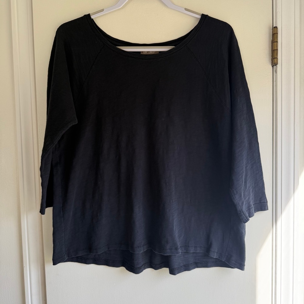 Lilla P Womens Black 100% Cotton Slub Knit 3/4 Raglan Sleeve Pleat Back Top M